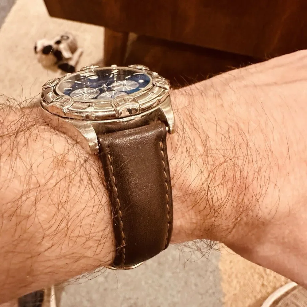 VTG Eddie Bauer Watch Men Stainless St 40mm Brown Leather Strap Day Date Quartz